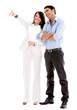 Business couple pointing away