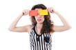 Woman referee with card on white