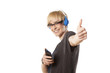 cute short haired blonde showing thumb up with headphones