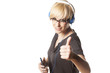 cute short haired blonde showing thumb up with headphones