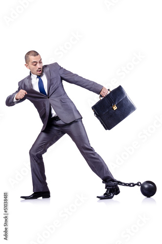 Photo: Businessman with shackles on white Businessman with shackles on white