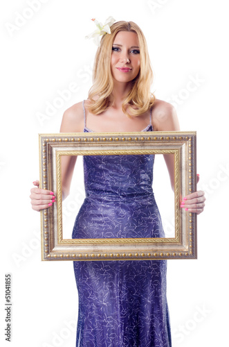 Photo: Woman with picture frame on white Woman with picture frame on white