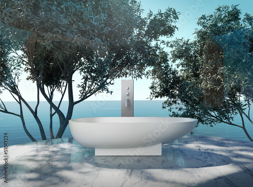Illustration: White modern elegant luxury bathroom with sea view White modern elegant luxury bathroom with sea view