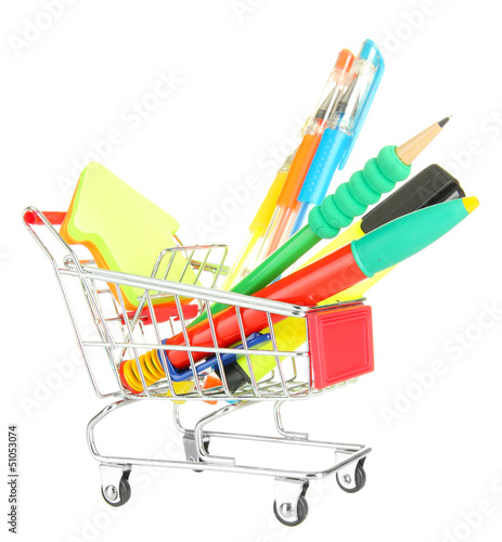 Photo: trolley with school equipment isolated on white trolley with school equipment isolated on white