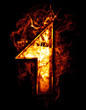 one, illustration of  number with chrome effects and red fire on