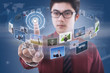 Businessman click on touchscreen with photos