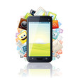 Smartphone, surrounded by Media Apps Icons. Vector
