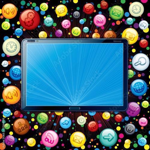 Illustration: Concept. Tablet PC with Media Icons Cloud. Concept. Tablet PC with Media Icons Cloud.