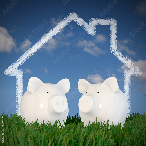 Illustration: Piggy bank - two pigs with drawn house in the sky Piggy bank - two pigs with drawn house in the sky