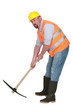 Construction worker with pickaxe on white background