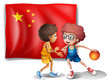 Two boys playing basketball in front of the flag of China