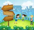 Three kids playing in the garden with wooden arrows