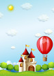 Two boys riding in a hot air balloon near the castle