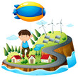 A boy floating with the aircraft