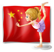 A gymnast in front of the Chinese flag