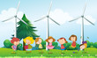 Seven kids playing in the hill with three windmills