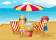 Two boys at the beach near the umbrella and chairs