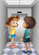A girl and a boy talking inside the elevator