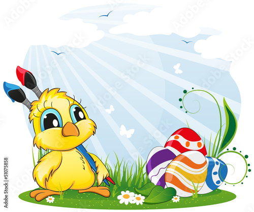 Vector: Chicken with paintbrushes on spring meadow Chicken with paintbrushes on spring meadow