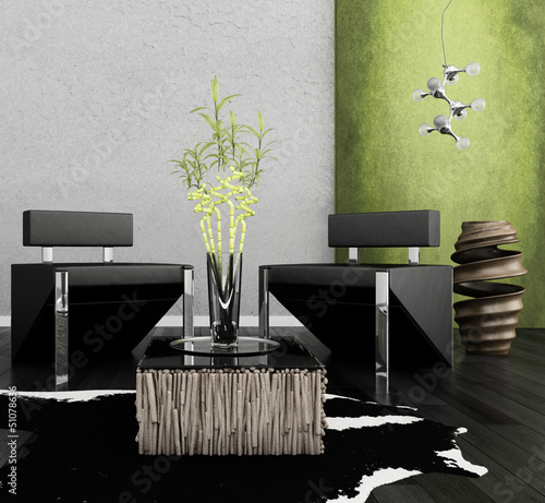 Illustration: Modern chairs in front of green wall | 3d interior Modern chairs in front of green wall | 3d interior
