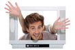 Couple behind television