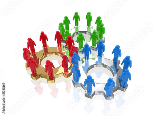 Illustration: Collaboration Concept with Gearwheel and Figures Collaboration Concept with Gearwheel and Figures