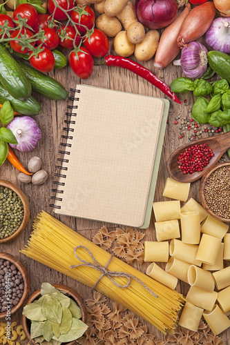 Photo: Fresh vegetables and blank recipe book Fresh vegetables and blank recipe book