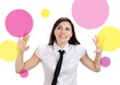 cheerful girl pointing colored spaces