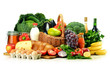 Grocery products including vegetables, fruits, dairy and drinks
