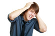 Man holding his hands up to his ears