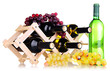 Bottles of wine placed on wooden stand isolated on white