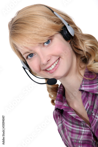 Photo: Blond call-center worker Blond call-center worker