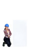 female craftswoman thumb up posing near board