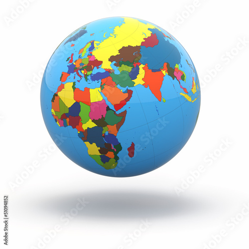 Illustration: Political world globe on white background. 3d Political world globe on white background. 3d