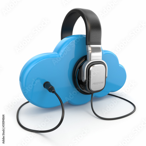Illustration: Cloud computing multimedia concept. Headphones and clouds. Cloud computing multimedia concept. Headphones and clouds.