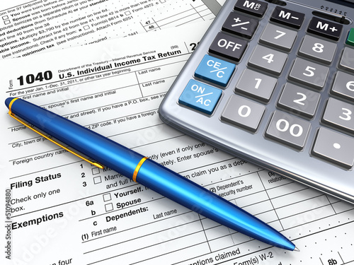Illustration: Tax Return 1040, calculator and peò. 3d Tax Return 1040, calculator and peò. 3d
