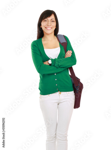 Photo: Female student with bag, isolated on white background Female student with bag, isolated on white background