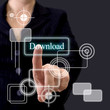 Hand pushing download button on a touch screen