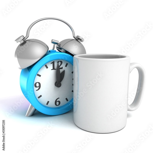 Illustration: blue alarm clock with white coffee mug blue alarm clock with white coffee mug