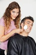 Scared Man Being Shaved By Female Barber