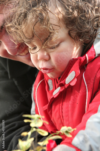 Photo: Curious little boy looking at plant Curious little boy looking at plant