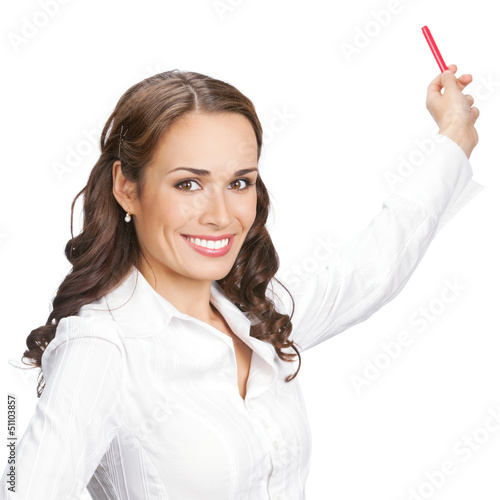 Photo: Businesswoman showing, isolated on white Businesswoman showing, isolated on white