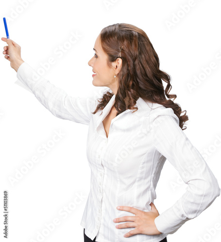 Photo: Businesswoman showing, isolated on white Businesswoman showing, isolated on white