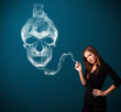 Young woman smoking dangerous cigarette with toxic skull smoke