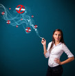 Young woman smoking dangerous cigarette with no smoking signs