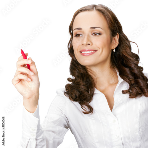 Photo: Businesswoman writing or drawing on screen, isolated Businesswoman writing or drawing on screen, isolated
