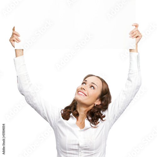 Photo: Businesswoman showing blank signboard, on white Businesswoman showing blank signboard, on white