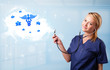 Young doctor with abstract cloud and medical icons