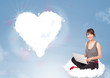 Beautiful lovely woman sitting on cloud with heart