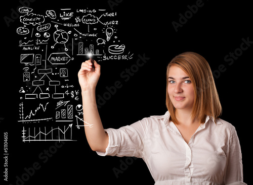 Photo: Woman drawing business scheme and icons on whiteboard Woman drawing business scheme and icons on whiteboard